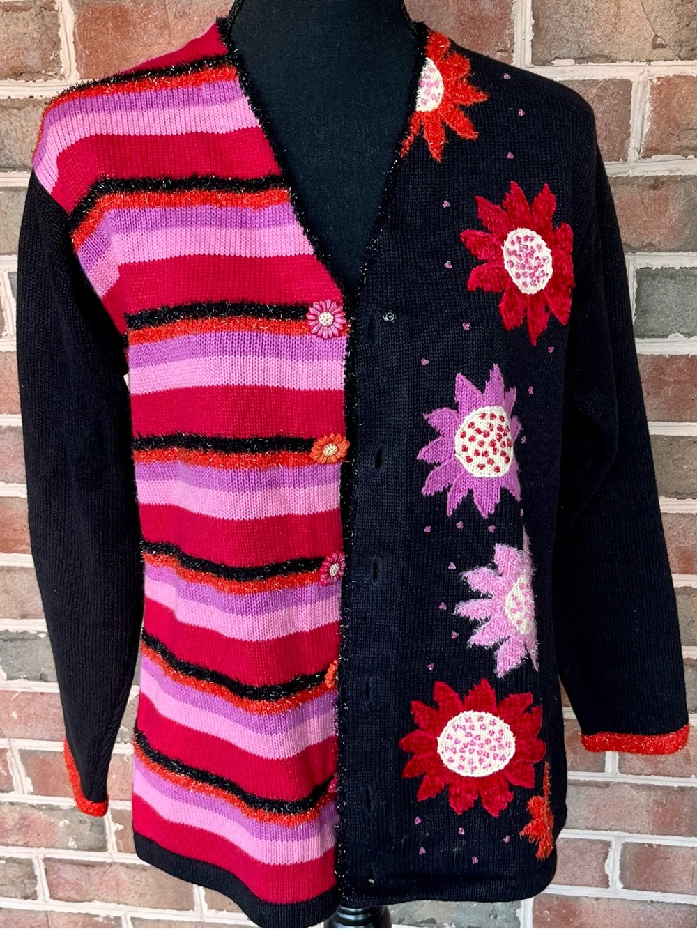 Vtg Storybook Knits Bright Daisy Cardigan Sweater S 90s Whimsigoth Floral Beaded - Picture 5 of 17